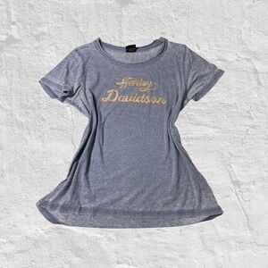 Harley Davidson Top Women's Sz XL Blue Tee Rhinestone Embellished Short Sleeve
